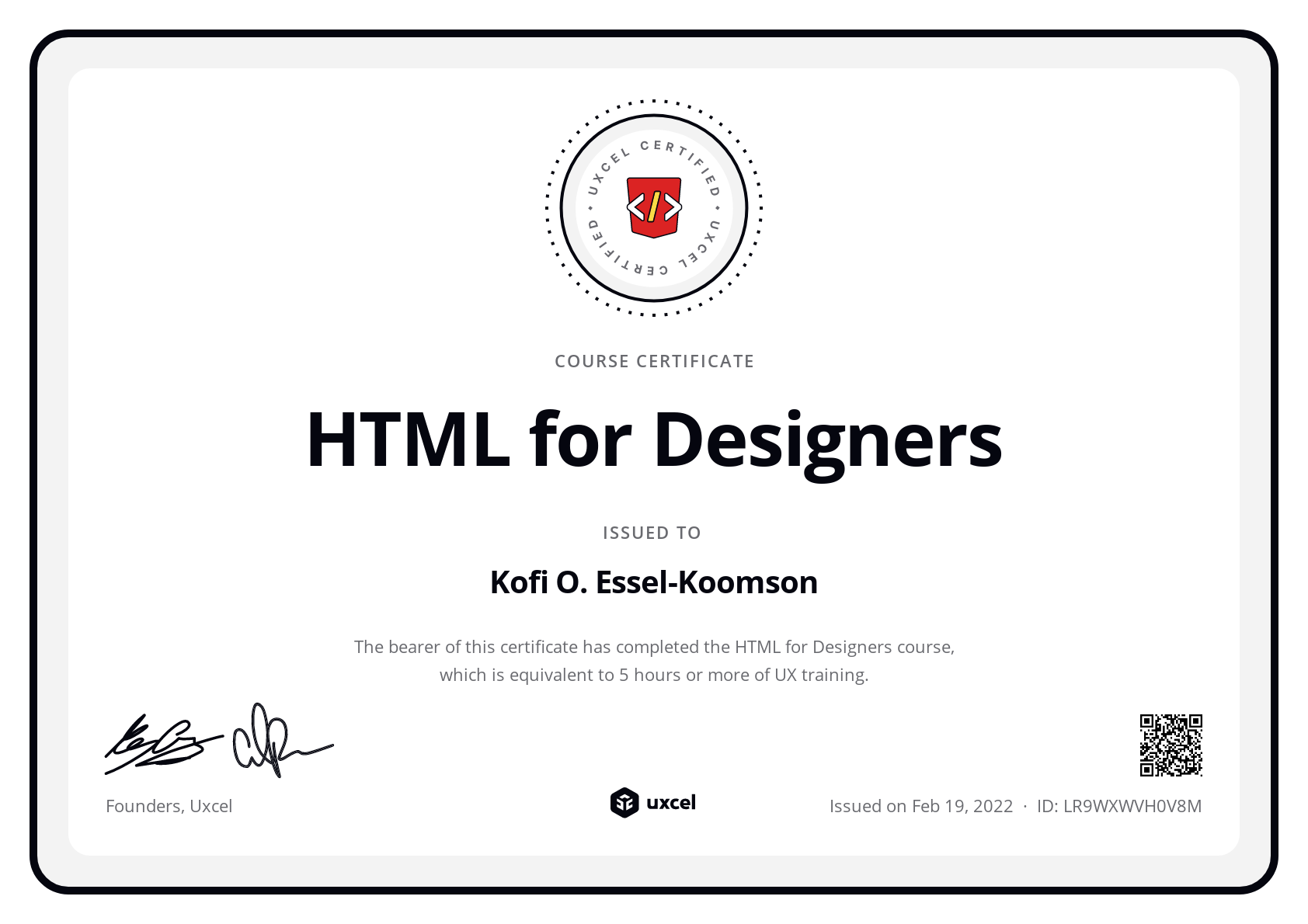 Kofi O. Essel-Koomson's certificate